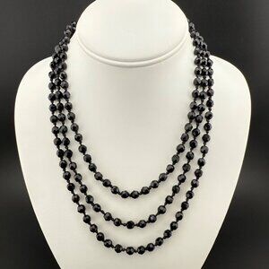 Vintage Black Crystal Long Strand Hand-Knotted Flapper Necklace Austria Elegant‎